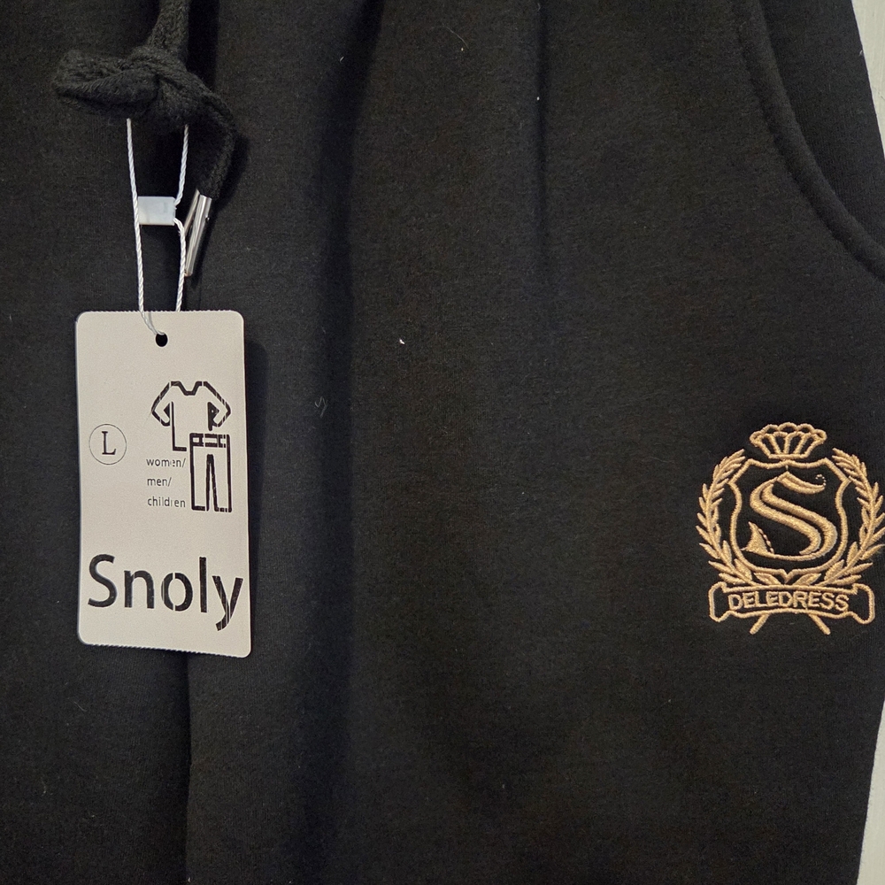 SNOLY NWT Sherpa Lined Women's Size Large Black Sweatpants - Embroidered Crest